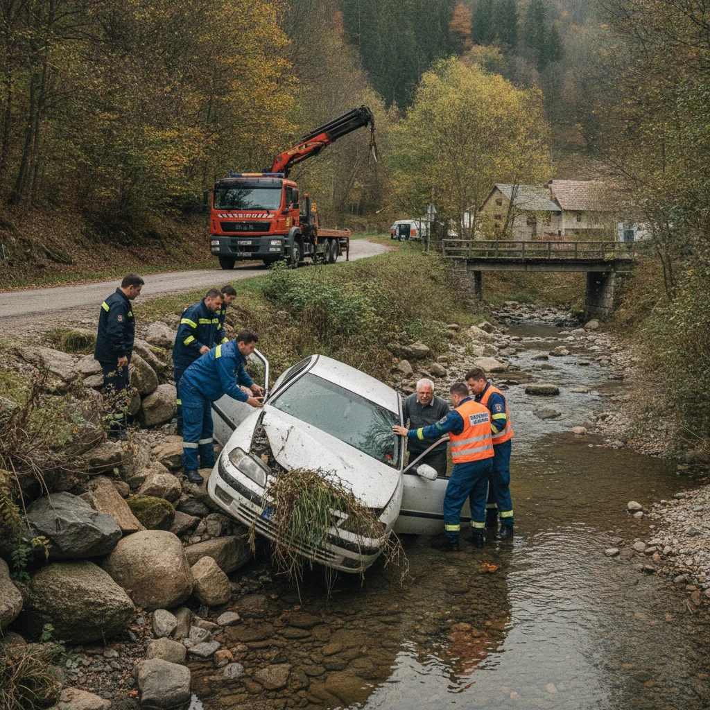 Accident în Hulubești: Mașină căzută într-un pârâu, șofer rănit