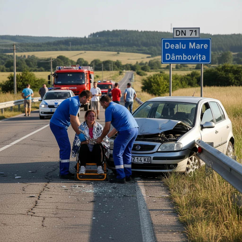 Accident rutier pe DN 71, în zona Dealu Mare, raportat la Târgoviște: o femeie rănită