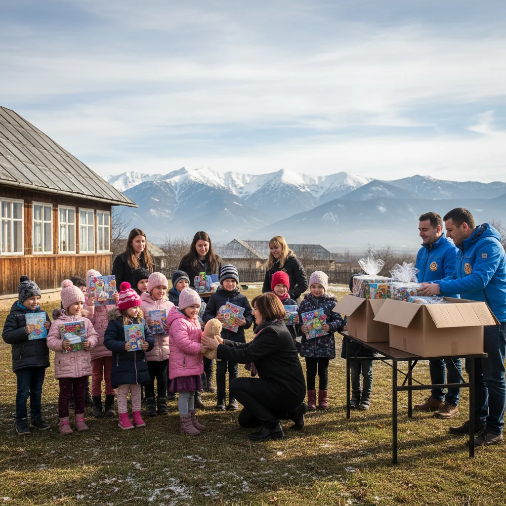 Acțiune caritabilă la Vârfuri: Rotary Club Târgoviște a dus daruri copiilor din comuna dâmbovițeană