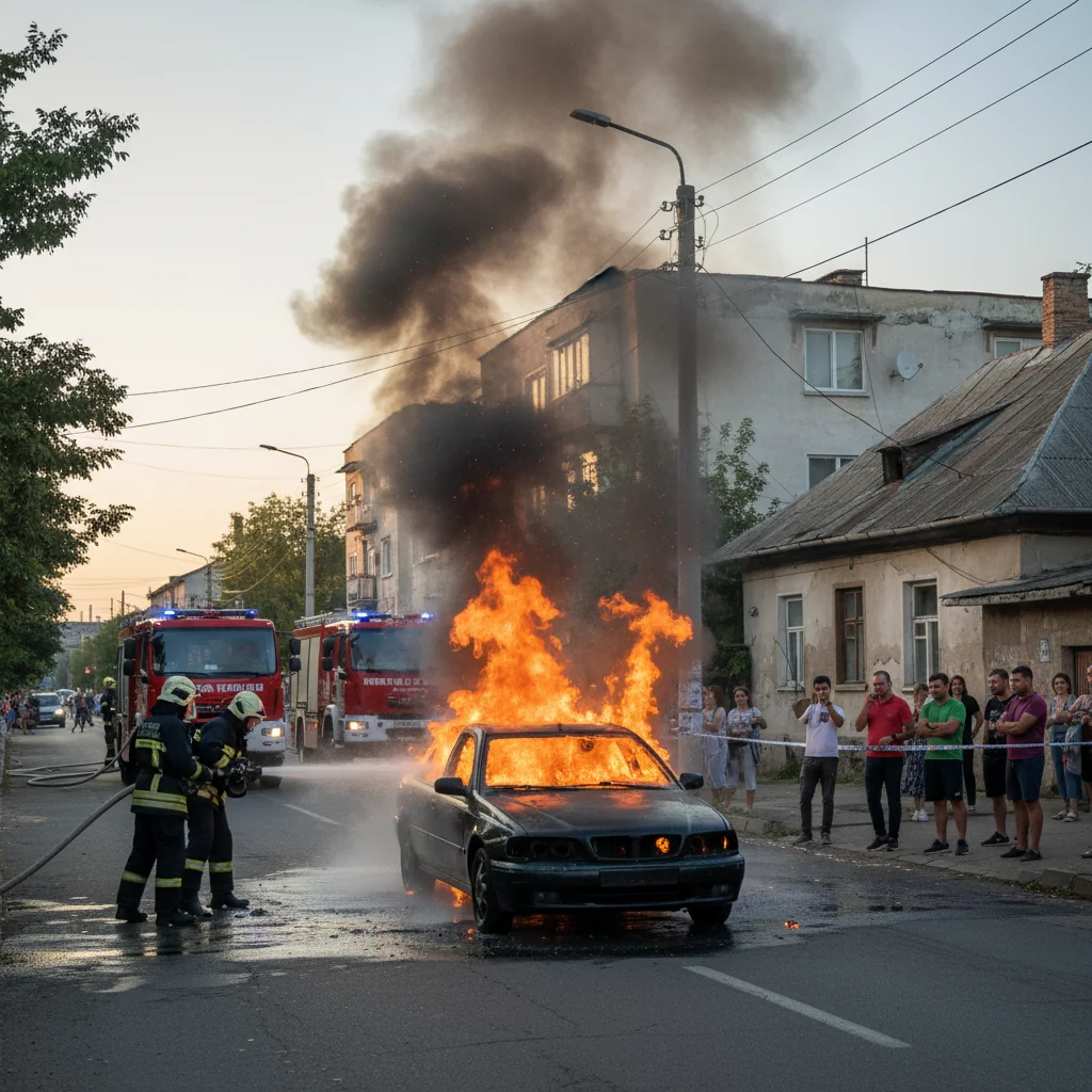 Autoturism cuprins de flăcări pe strada Arsenalului din Târgoviște, fără victime