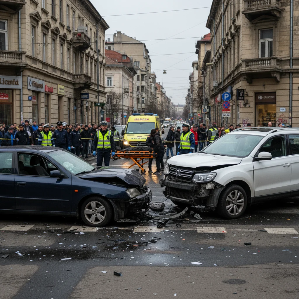 două autoturisme distruse, șofer rănit transportat de urgență la spital