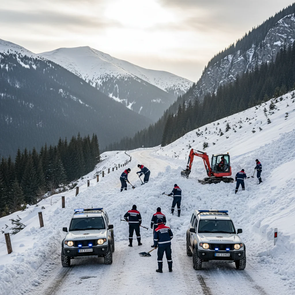 Jandarmii montani din Dâmbovița au eliberat drumul DJ 713 după o avalanșă produsă în Munții Bucegi