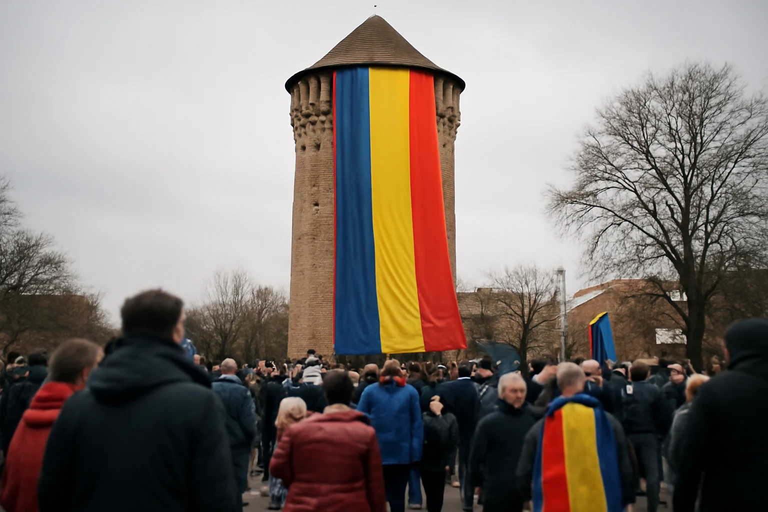 Marșul Tricolorului la Târgoviște: steag uriaș arborat pe Turnul Chindiei de Mica Unire