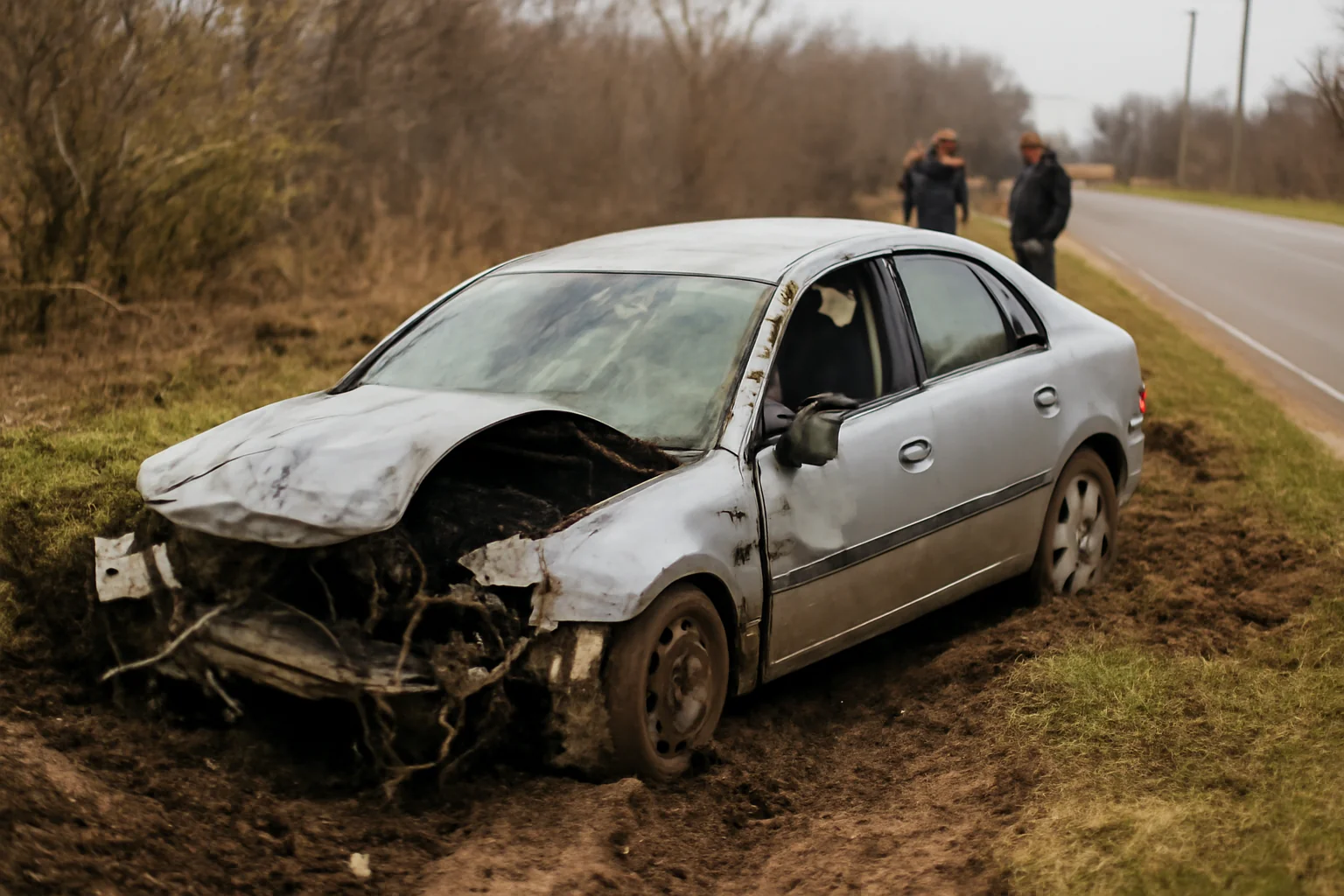Mașină grav avariată într-un șanț la Comișani. Șoferi din Târgoviște și din zonă reclamă adâncimea acostamentului