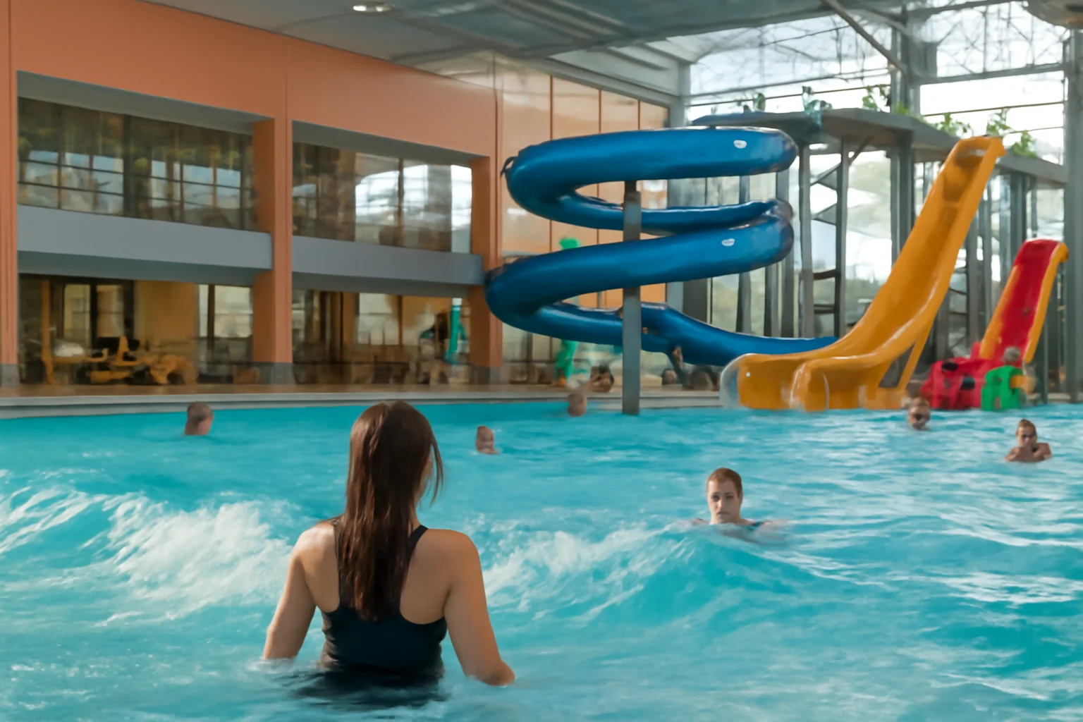 piscină cu valuri, tobogane, saune, salină și food court, conectat prin pasarelă la bazinul olimpic