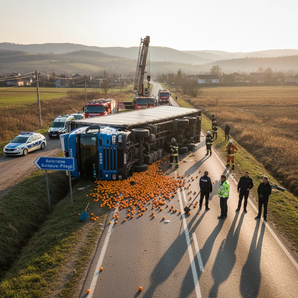 TIR cu mandarine răsturnat la Găești, pe drumul spre Autostrada București–Pitești, incident raportat la Târgoviște