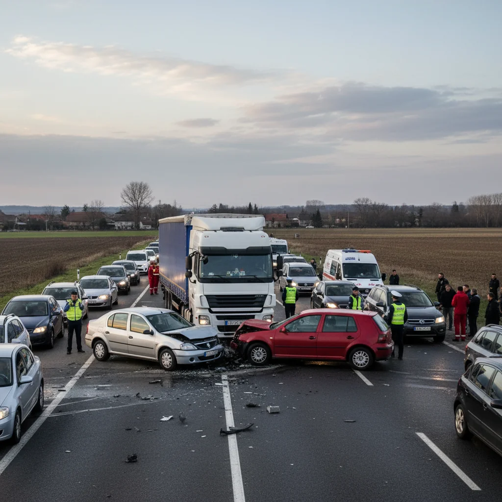 Trafic oprit temporar pe DN 72 la Târgoviște după un accident cu două autoturisme și un autocamion