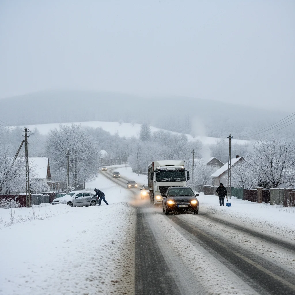 Trafic rutier în condiții de iarnă la Târgoviște și în județul Dâmbovița, cu vizibilitate redusă